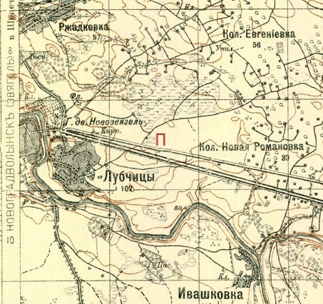 Мапа 1911 р. Локація нинішнього с. Перемога позначена червоною буквою "П"