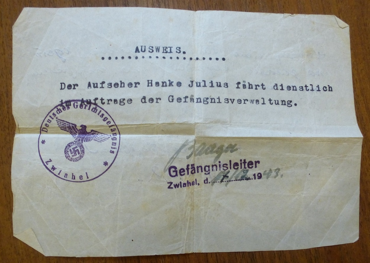 "Аусвайс" про відрядження наглядача Юліуса Ганке 17 грудня 1943 р.