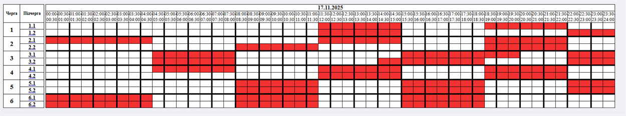 Планові відключення світла 17 листопада: графік для всіх черг
