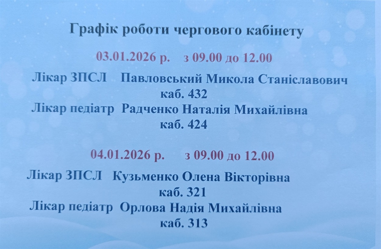 Графік чергування лікарів у Звягелі на 3-4 січня: коли прийматимуть терапевти та педіатри